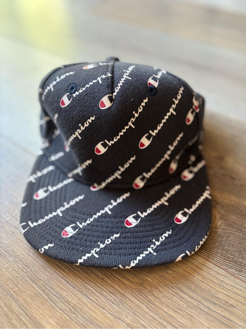 Champion Black Allover Script Logo 5-Panel Cap